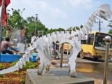 Message in its belly: This metal dinosaur near Kakkan statue junction in K.K. Nagar will soon have plastic waste in its belly to create awareness of plastic eradication.