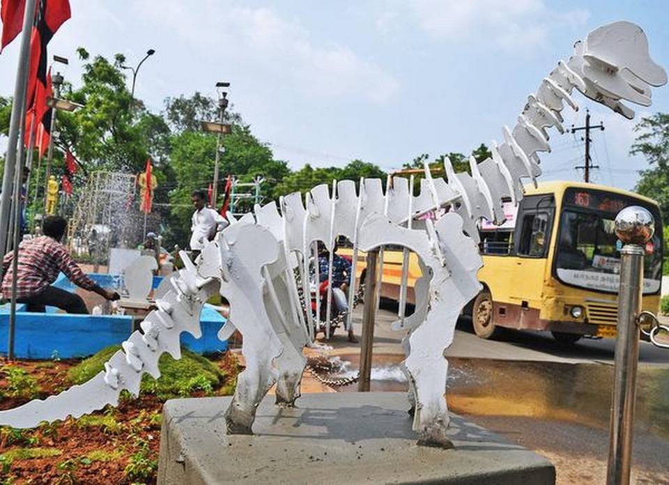 Message in its belly: This metal dinosaur near Kakkan statue junction in K.K. Nagar will soon have plastic waste in its belly to create awareness of plastic eradication.  