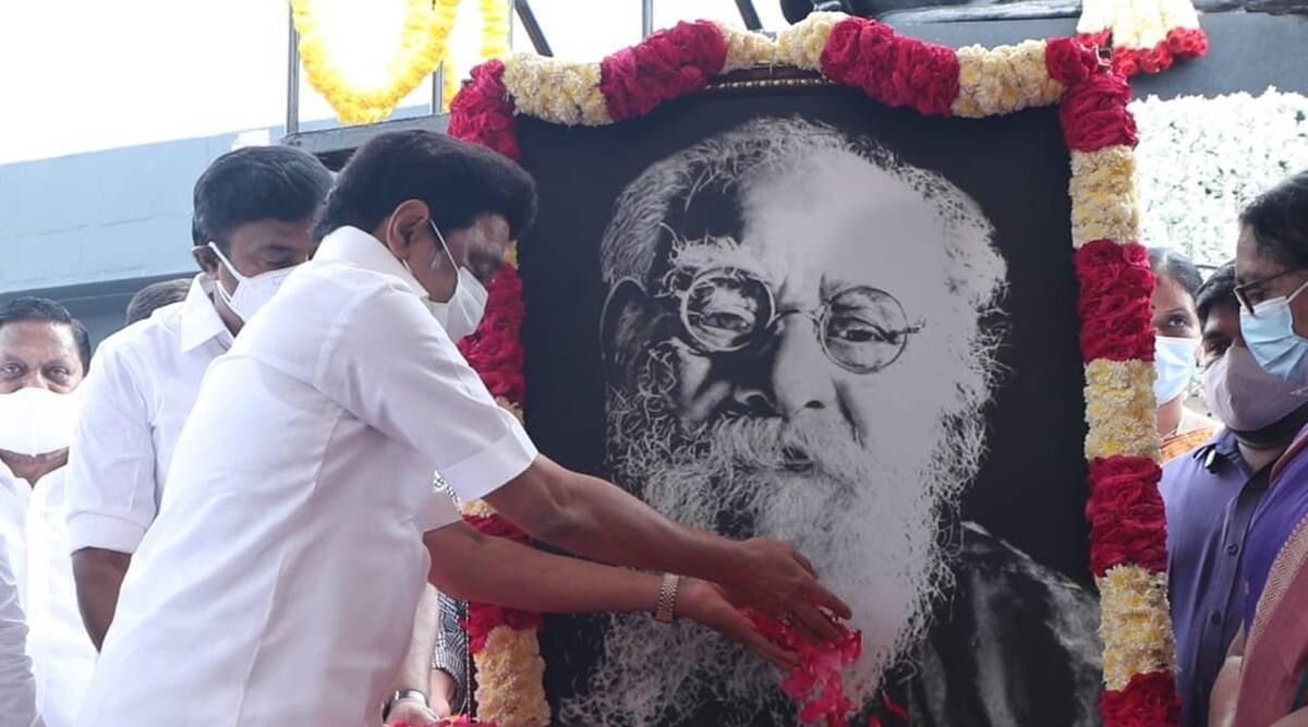 Tamil Nadu Chief Minister M K Stalin pays floral tributes to social reformer Periyar at Chennai's Anna Salai on Friday.