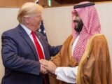 Saudi Crown Prince Mohammed bin Salman shakes hands with US President Donald Trump during the G20 summit in Osaka, Japan, in June 2019